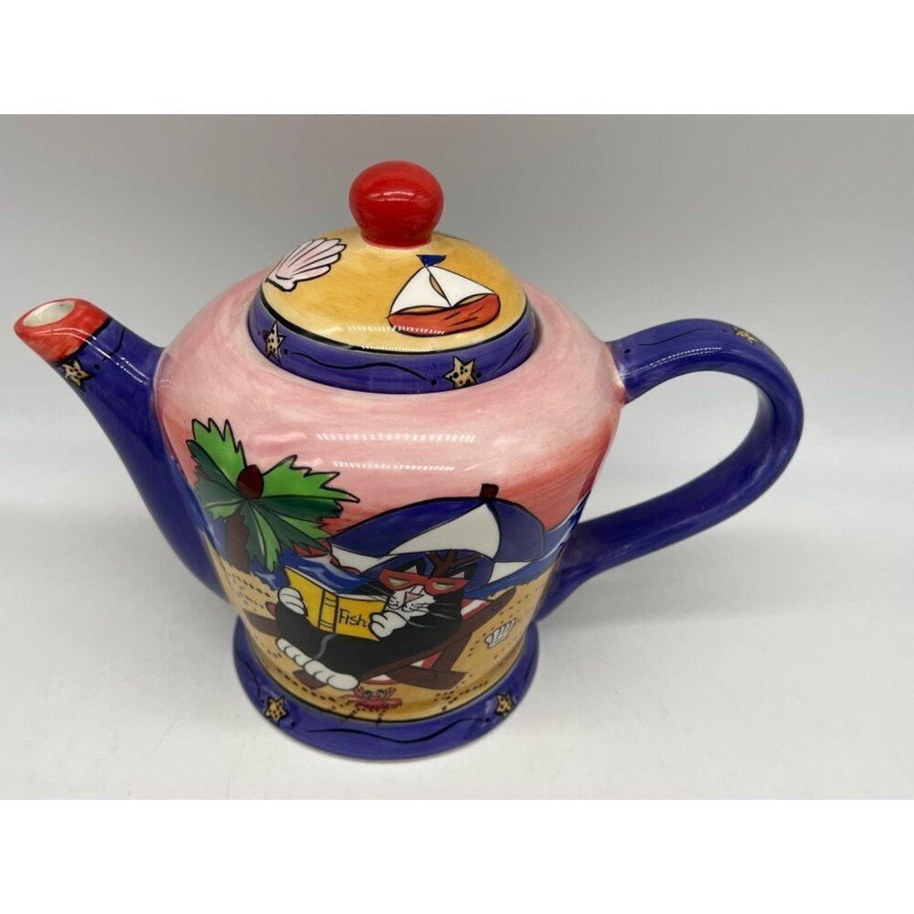 Catzilla Candace Reiter Design Ceramic Cat Relaxing Teapot Collectible